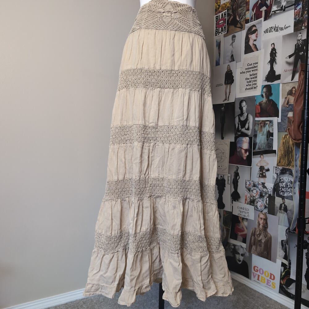 Crochet Waist Tiered Ruffle Maxi Skirt Boho